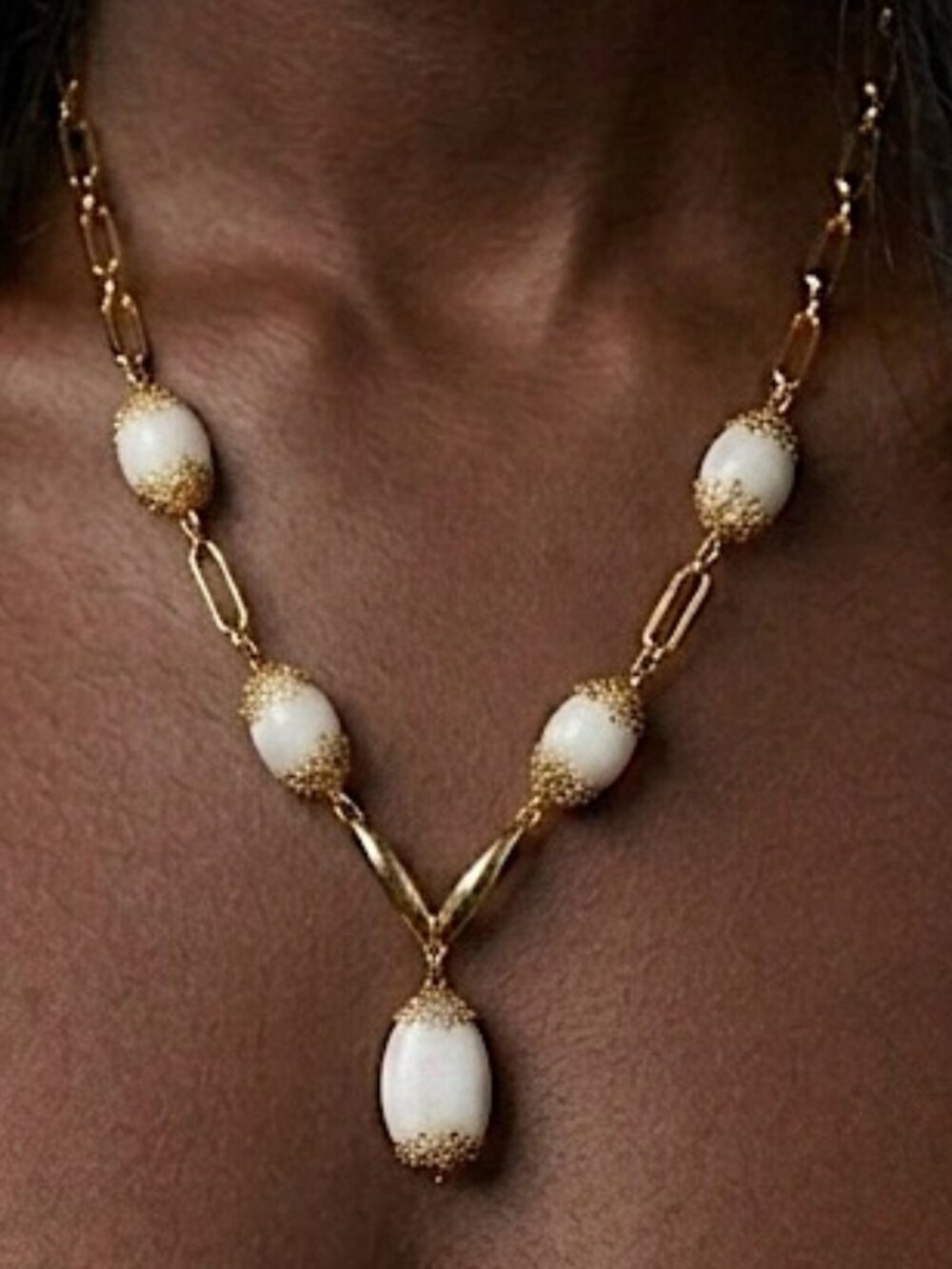 Gold Tone and White Beads Pendant Necklace Paperclip Chain Filigree 25 inches